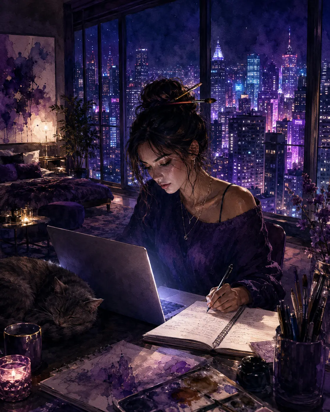 A woman working with focus late at night above a glowing city