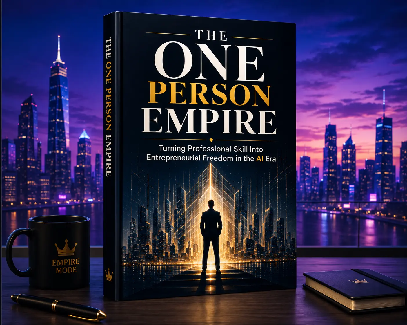 The One Person Empire book and workbook in front of a city skyline